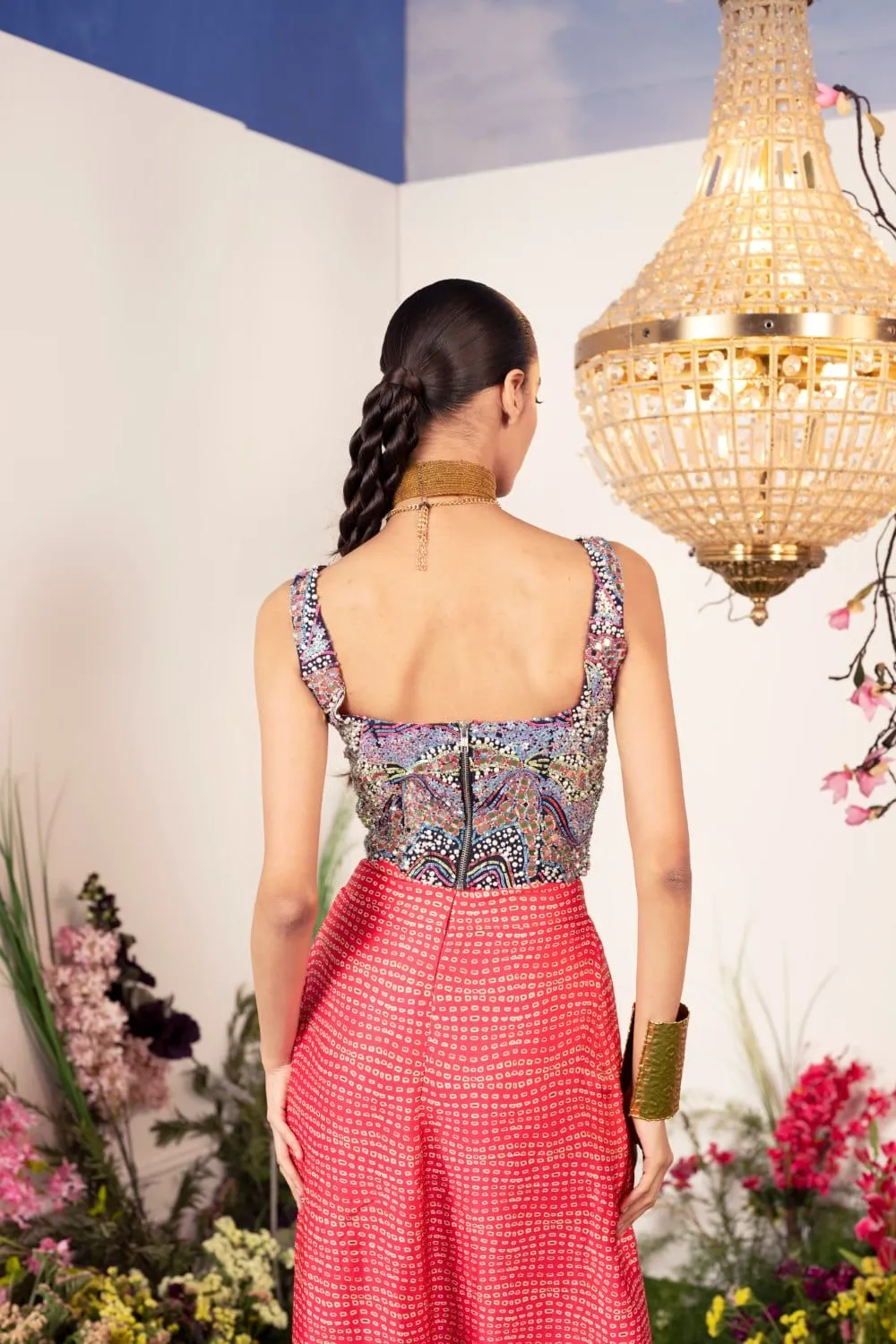 Embellished Corset Paired With Coral Skirt