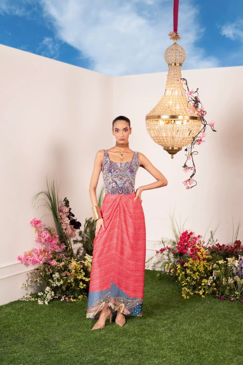 Embellished Corset Paired With Coral Skirt