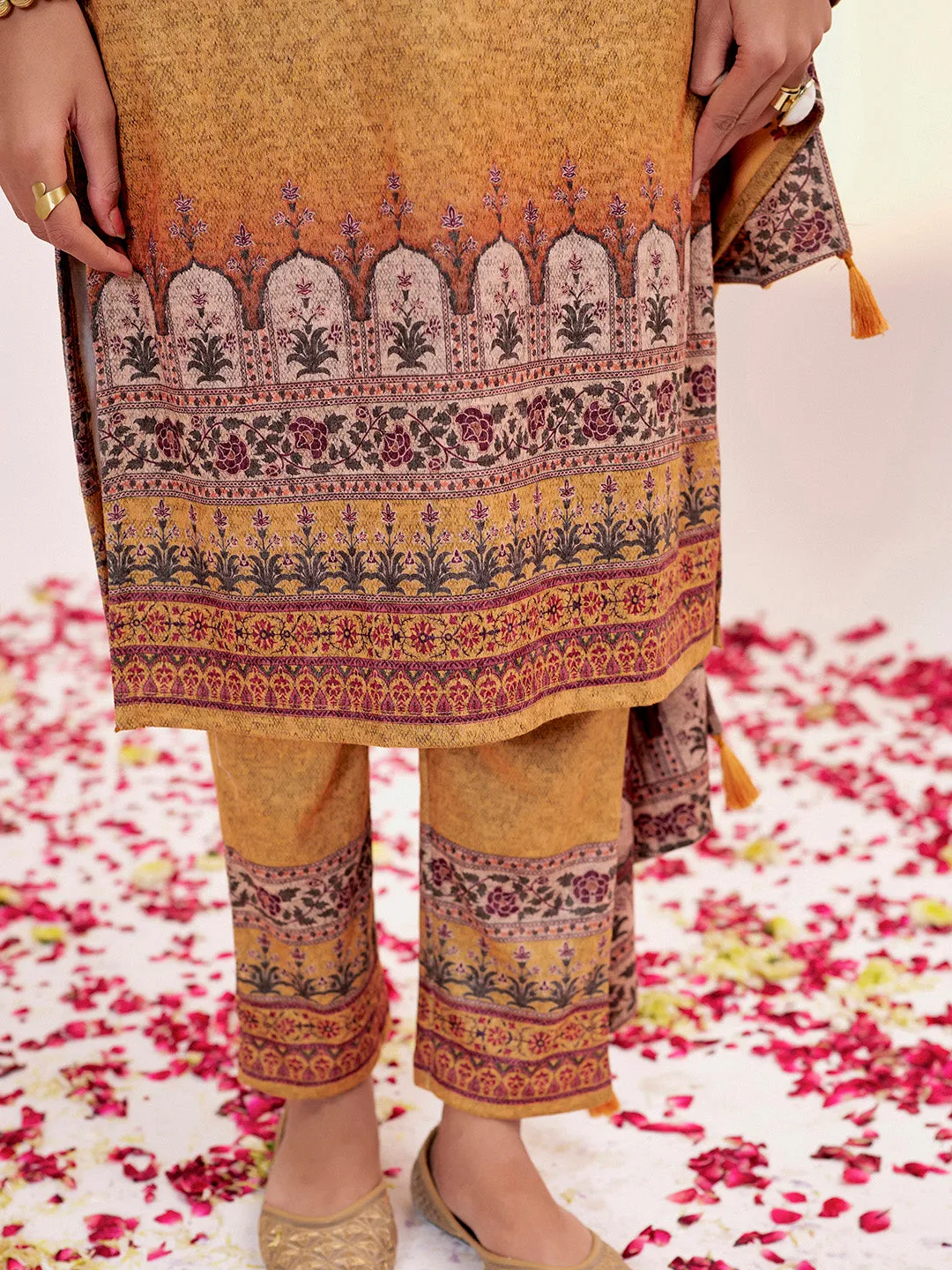 Embellished Ethnic Printed Festive Mustard Kurta Set With Dupatta