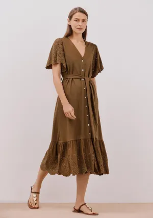 Embroidered Dress With Sleeves - Light Khaki