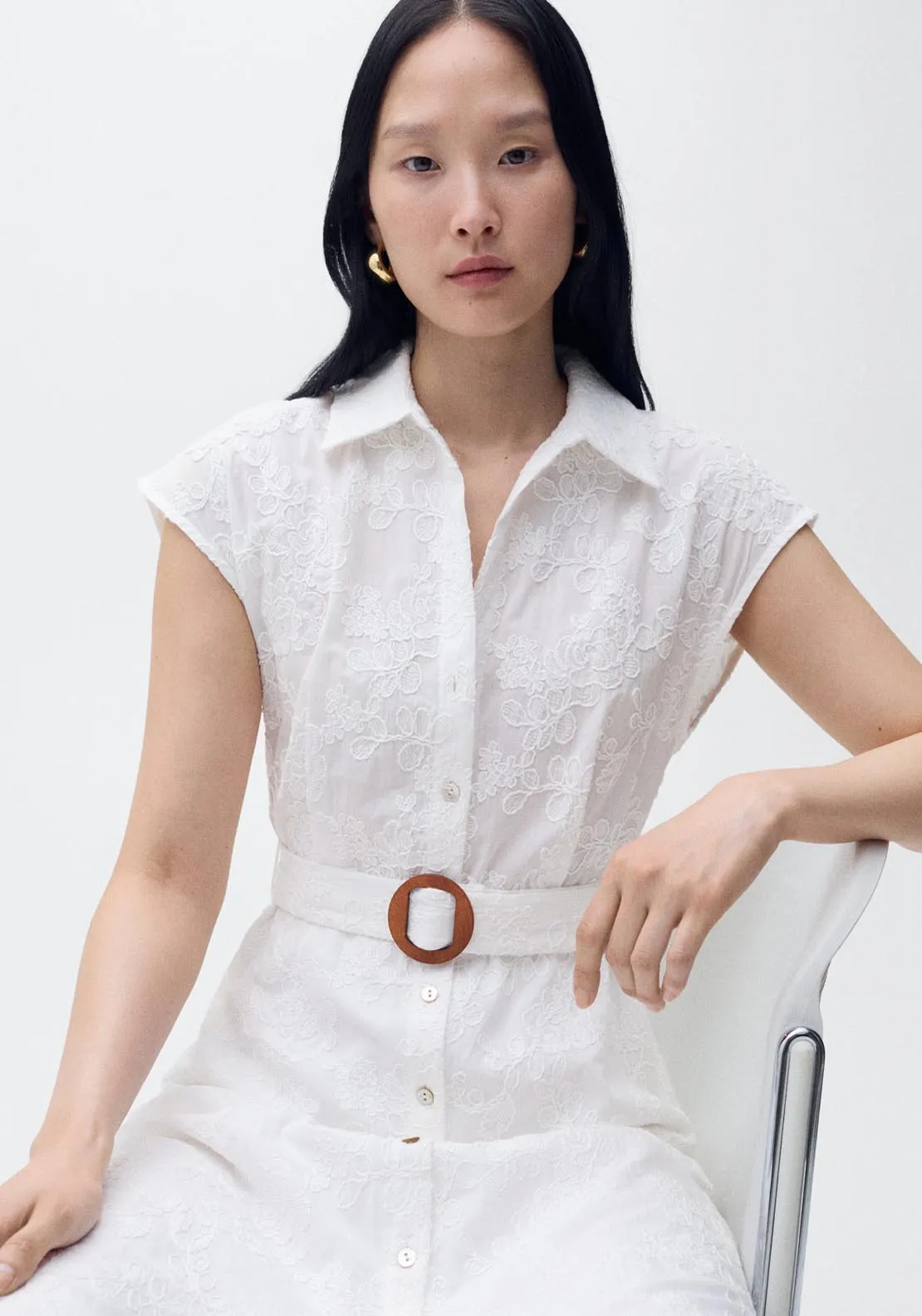 Embroidered Shirt Dress With Belt - White