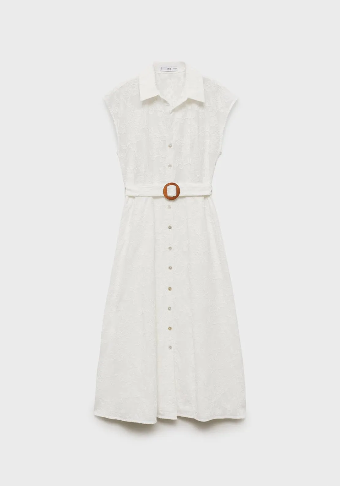 Embroidered Shirt Dress With Belt - White