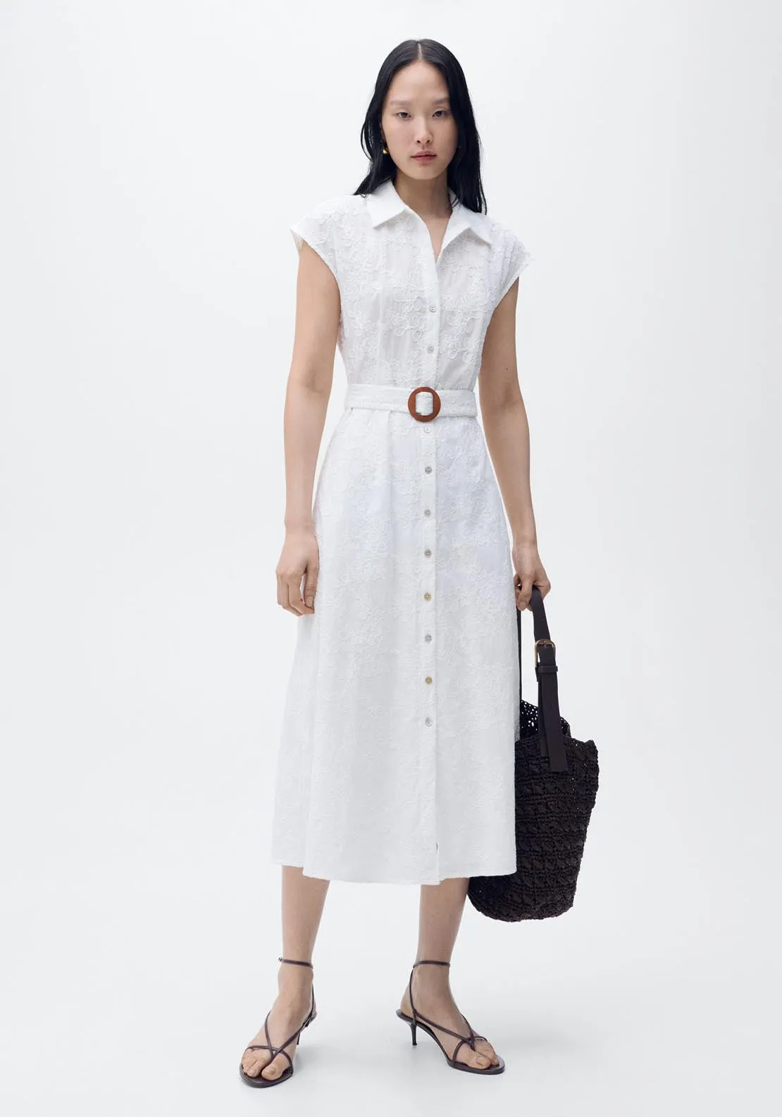 Embroidered Shirt Dress With Belt - White