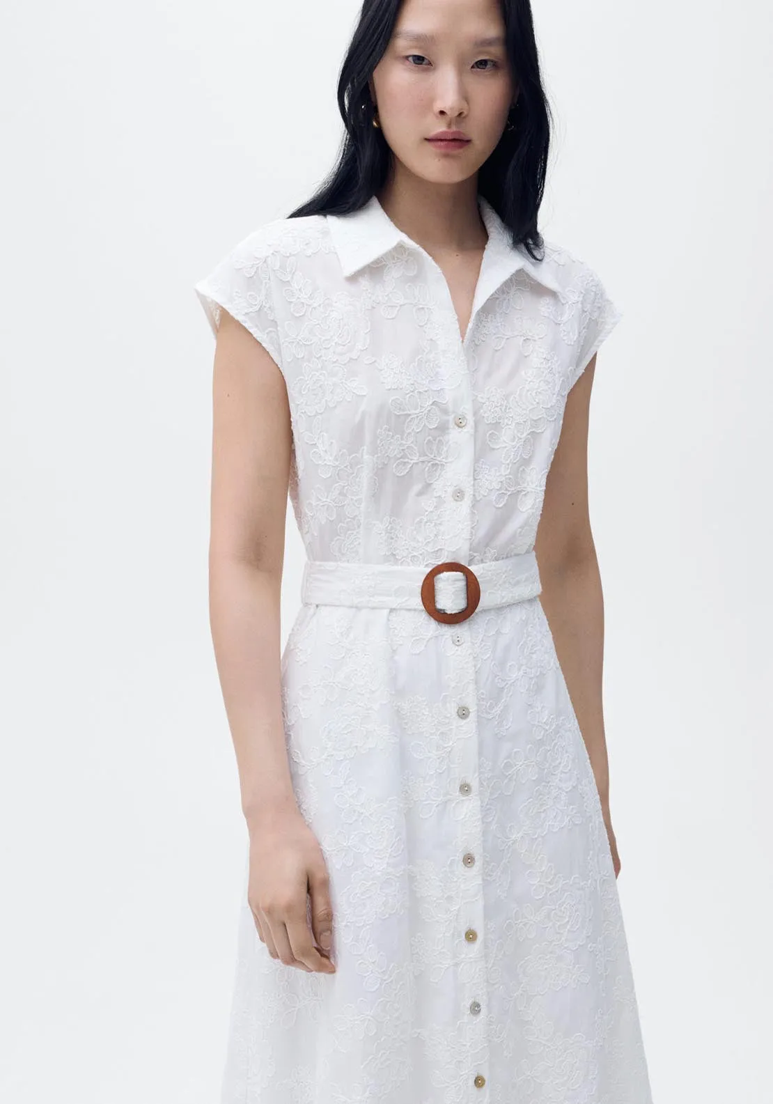 Embroidered Shirt Dress With Belt - White