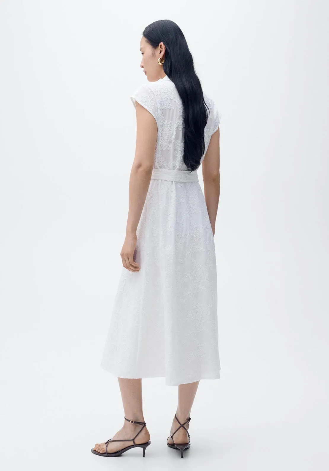 Embroidered Shirt Dress With Belt - White