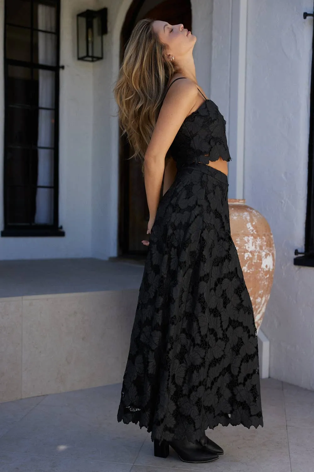Endless Blu High Waisted Crochet Lace Midi Skirt