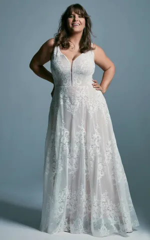 Ethereal Bohemian Plus Size A Line Lace Wedding Dress with Ruching-716150