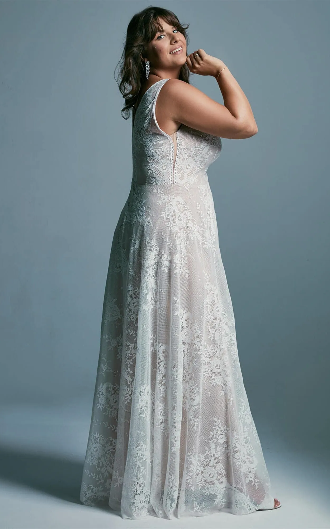Ethereal Bohemian Plus Size A Line Lace Wedding Dress with Ruching-716150