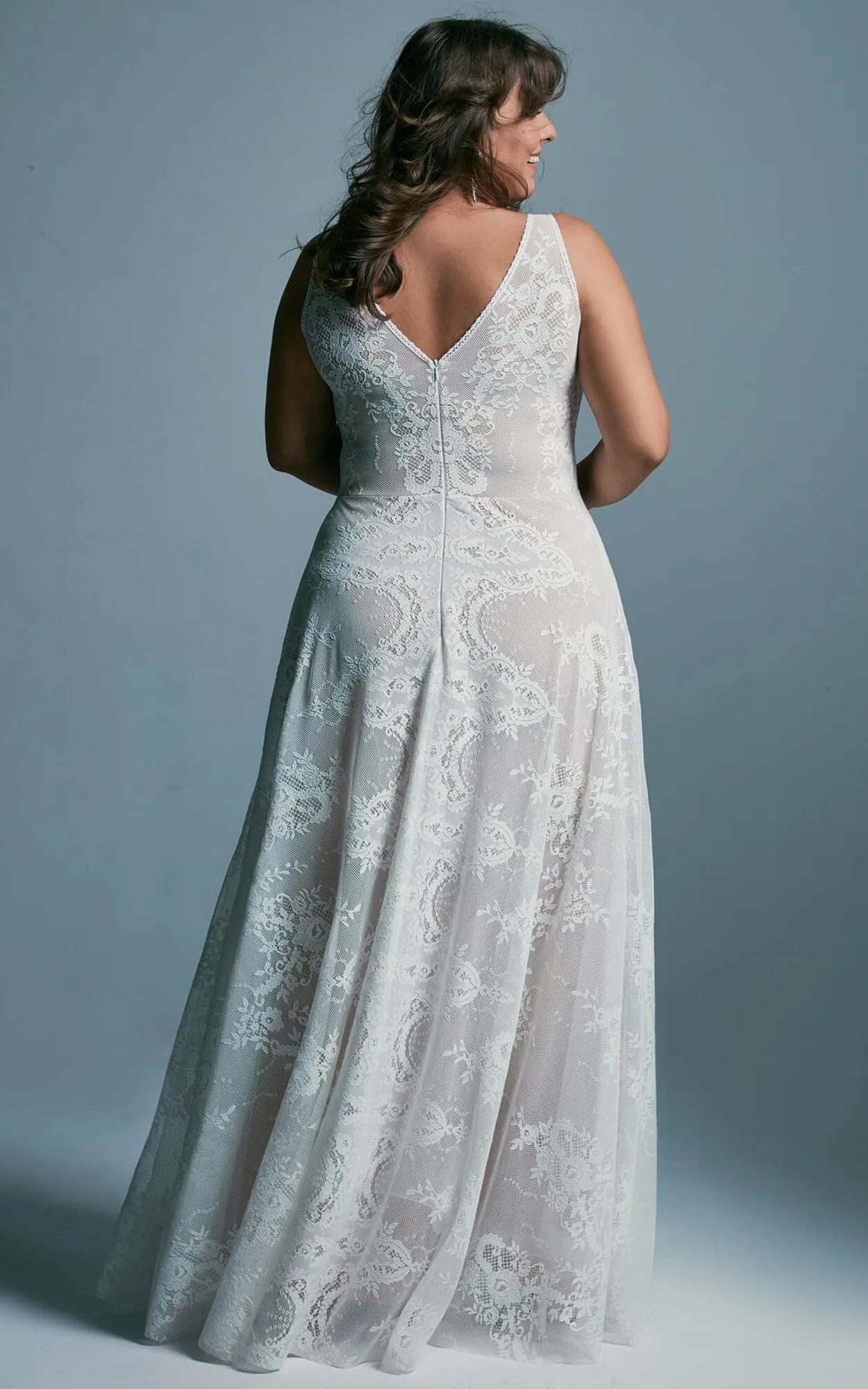 Ethereal Bohemian Plus Size A Line Lace Wedding Dress with Ruching-716150