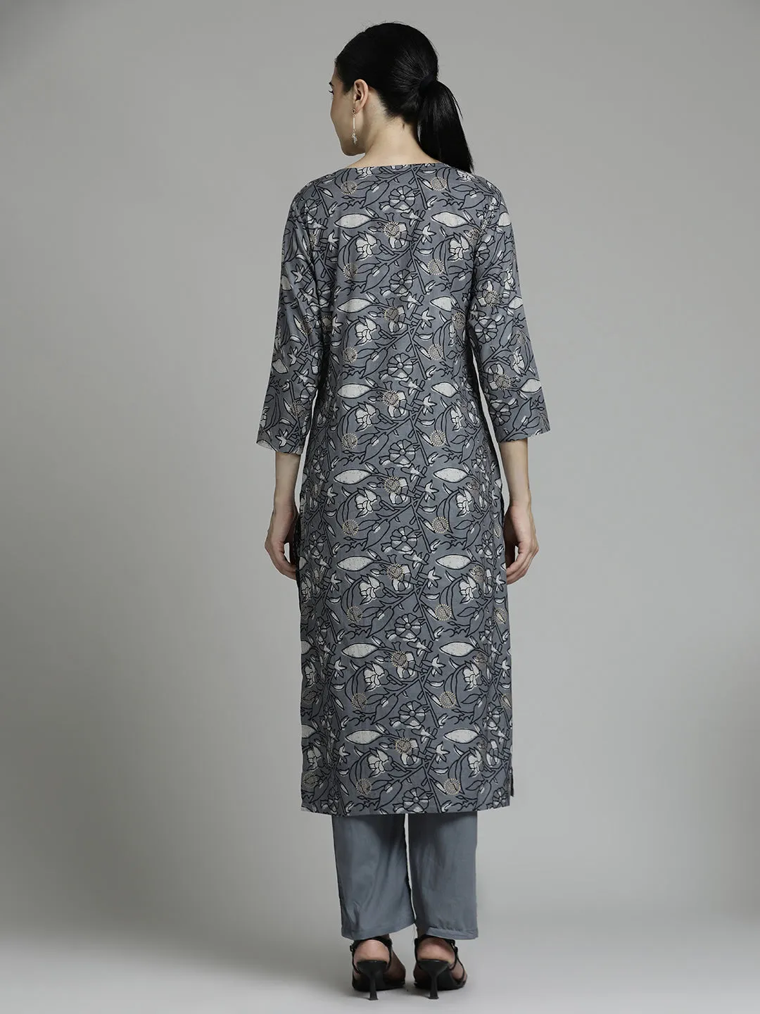 Ethnic Grey Printed Kurta Set With Tie-Dye Dupatta