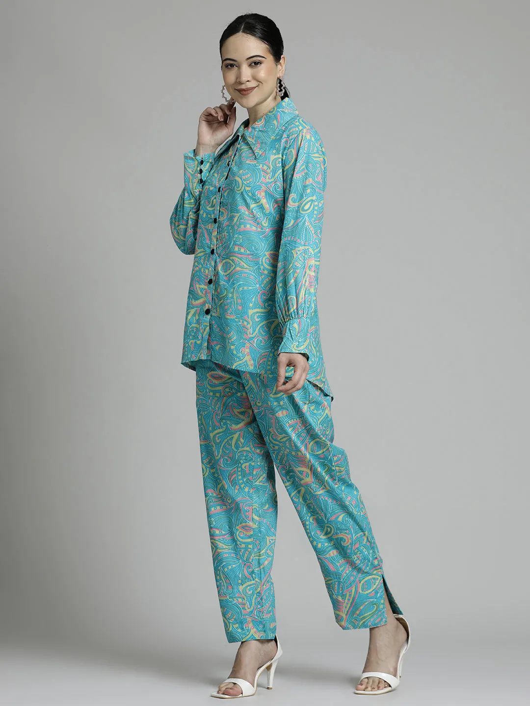 Ethnic Printed Blue Cotton Co-ord Set