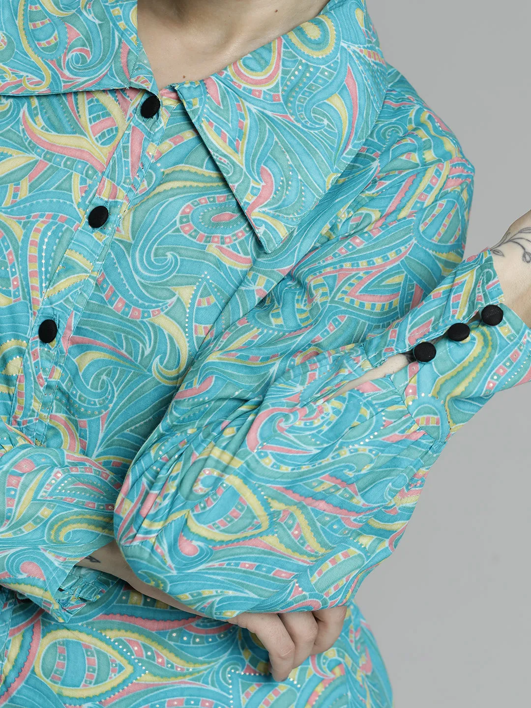 Ethnic Printed Blue Cotton Co-ord Set