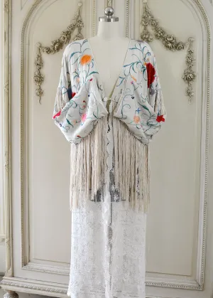 Etta Antique Hand Embroidered Creme & Jewel Tones Silk Duster with Irish Lace Skirt