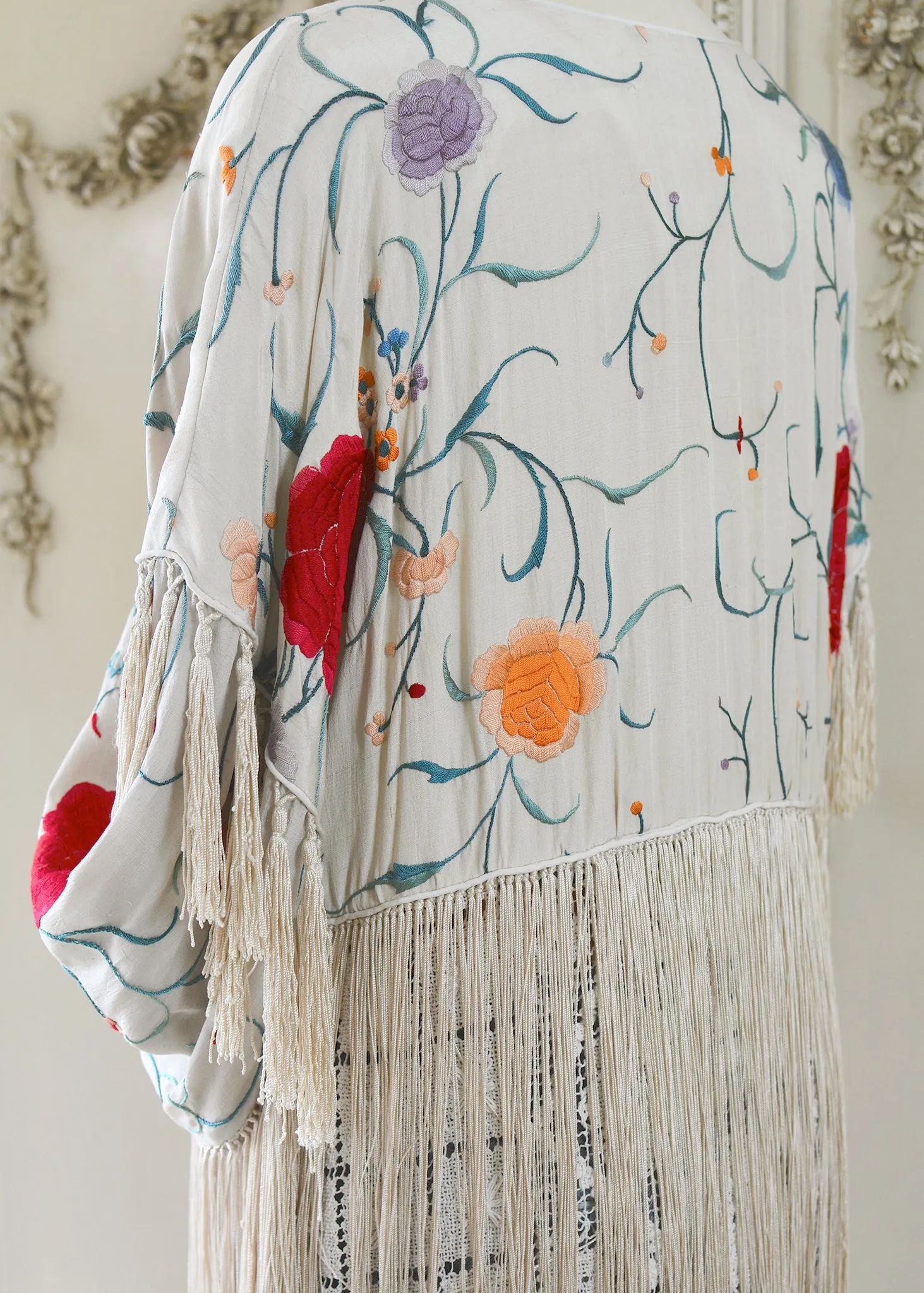Etta Antique Hand Embroidered Creme & Jewel Tones Silk Duster with Irish Lace Skirt