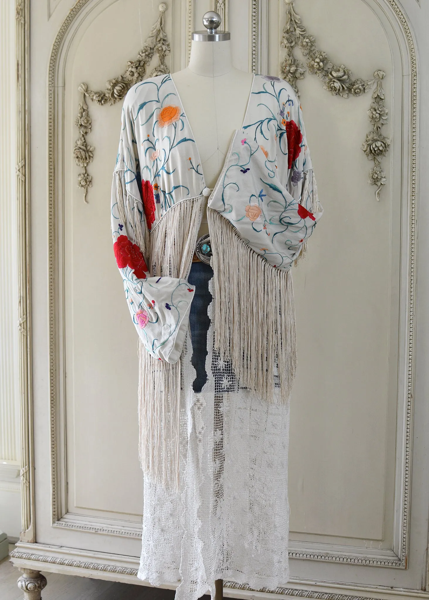 Etta Antique Hand Embroidered Creme & Jewel Tones Silk Duster with Irish Lace Skirt