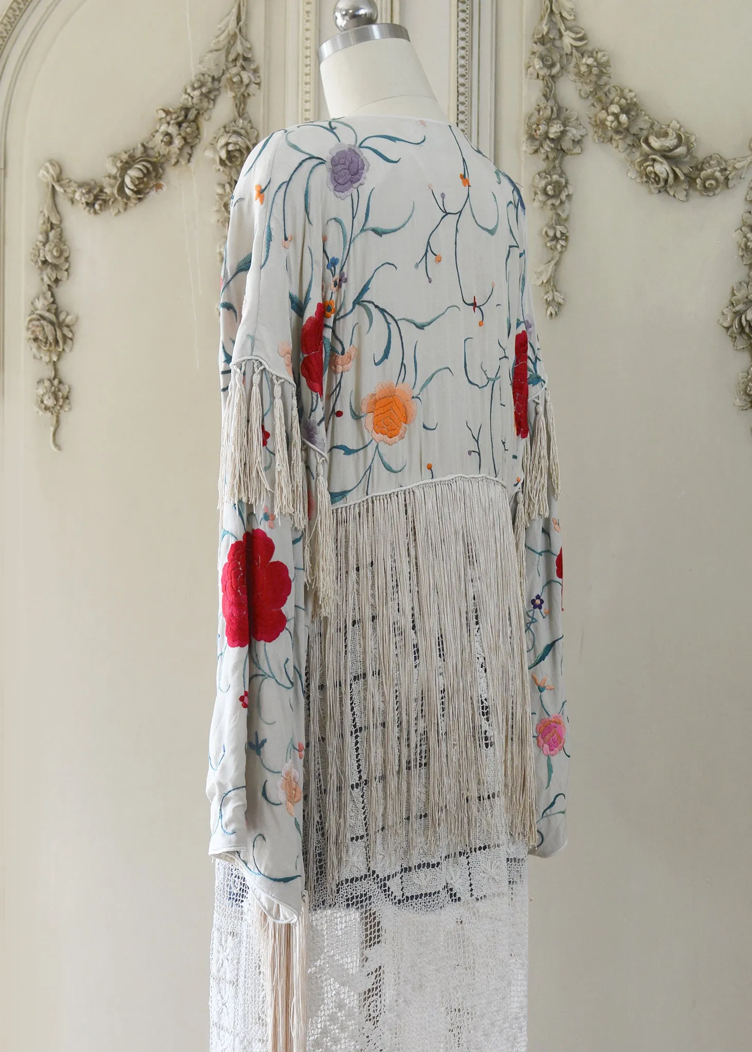 Etta Antique Hand Embroidered Creme & Jewel Tones Silk Duster with Irish Lace Skirt