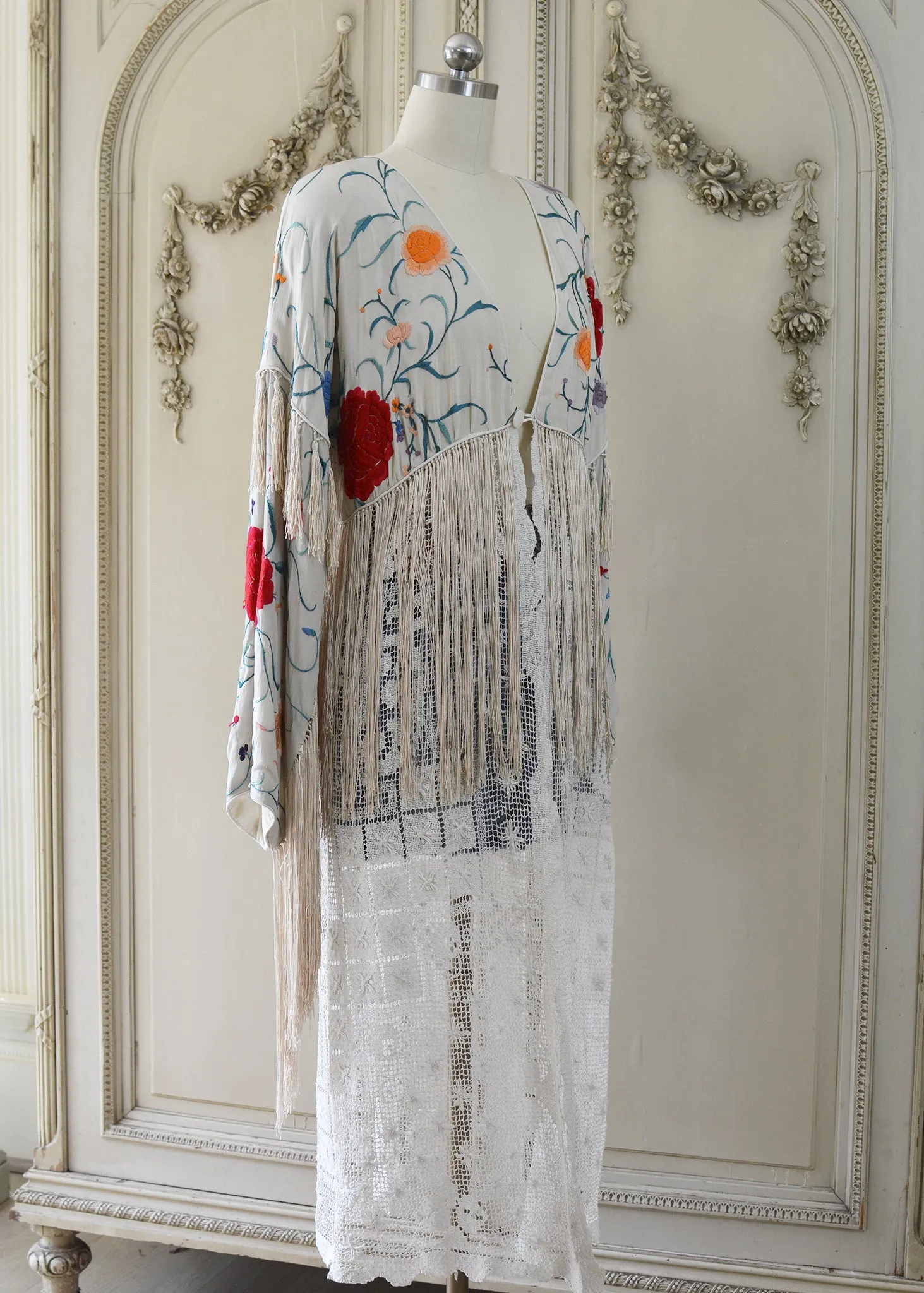 Etta Antique Hand Embroidered Creme & Jewel Tones Silk Duster with Irish Lace Skirt