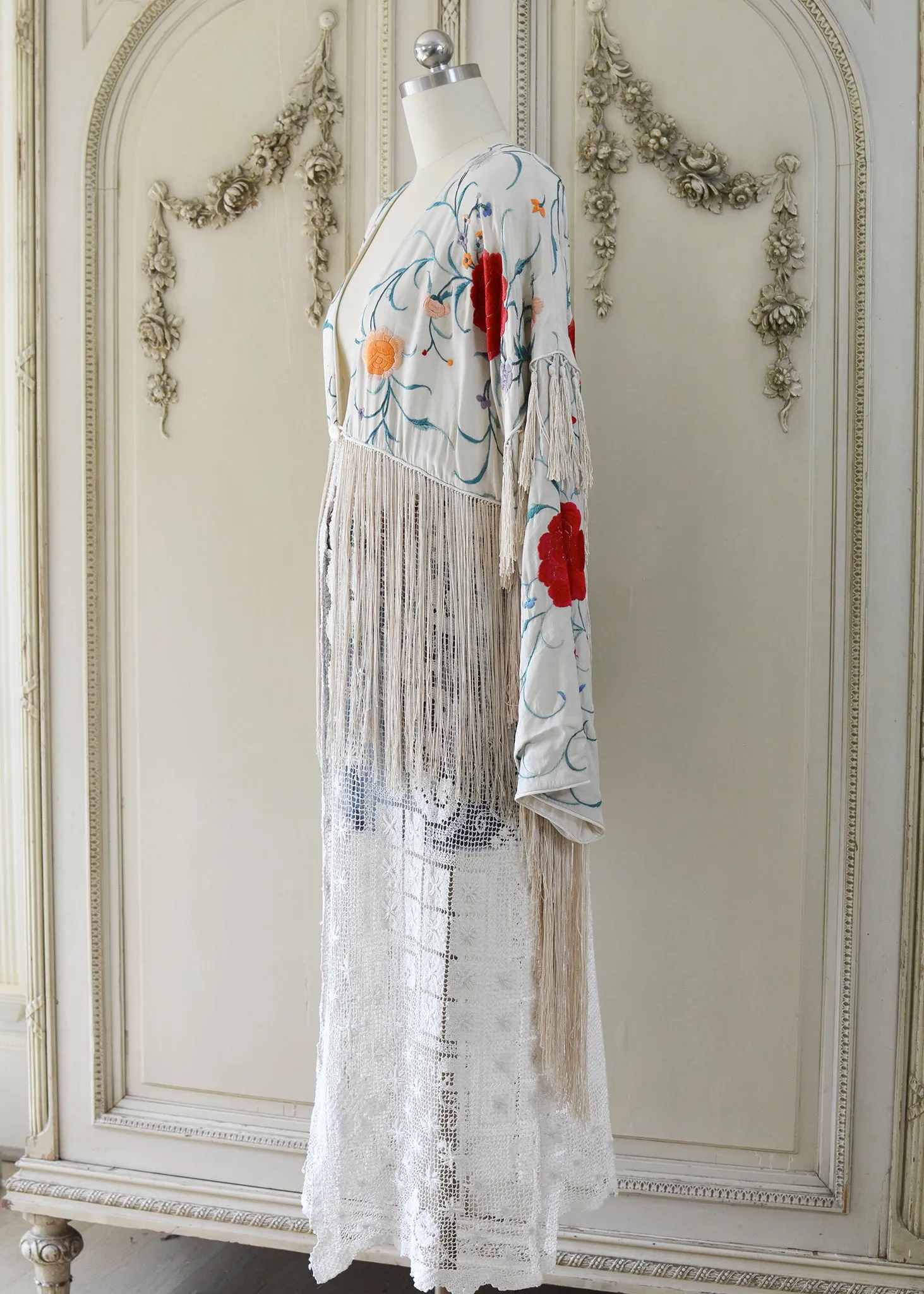 Etta Antique Hand Embroidered Creme & Jewel Tones Silk Duster with Irish Lace Skirt