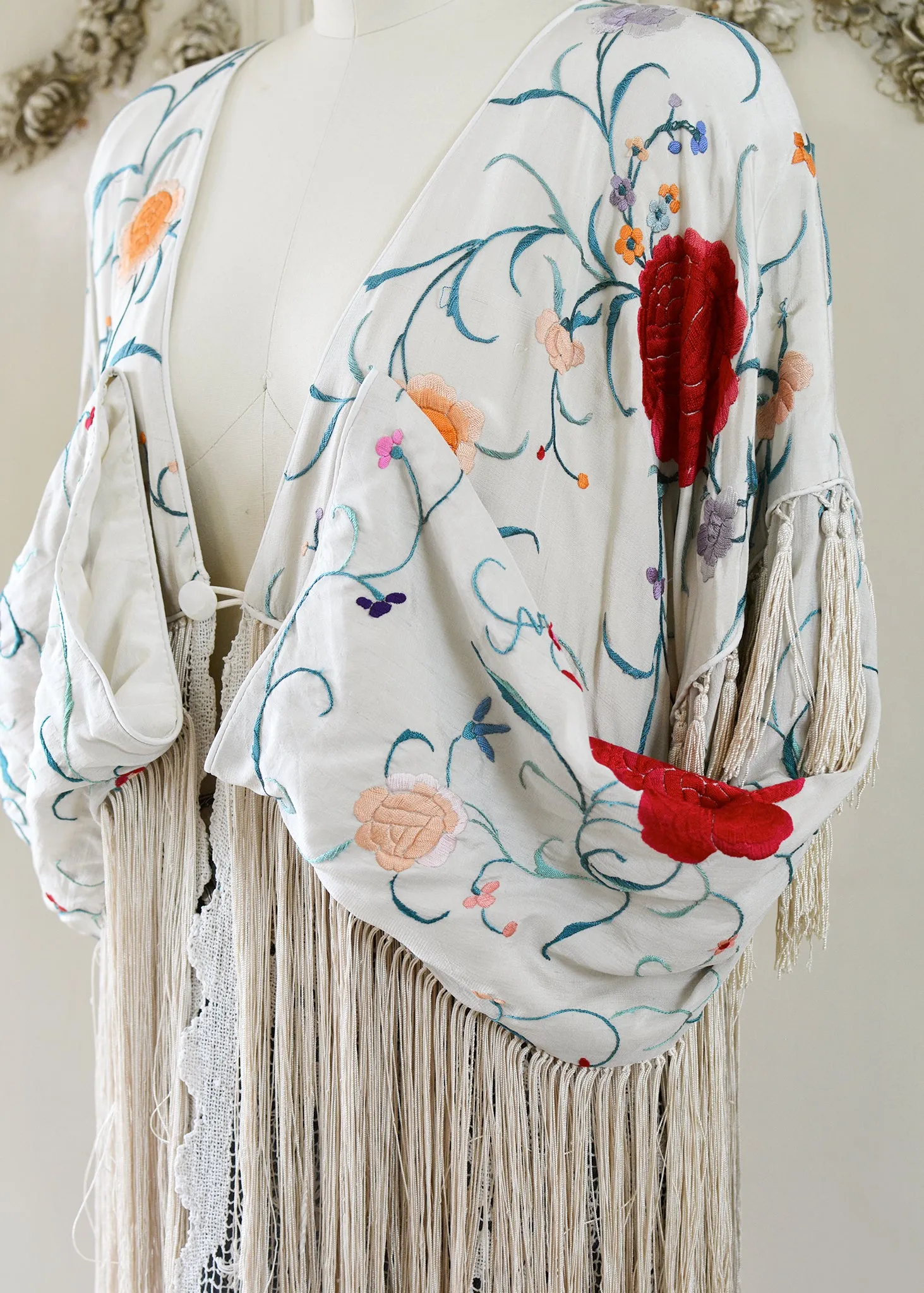 Etta Antique Hand Embroidered Creme & Jewel Tones Silk Duster with Irish Lace Skirt