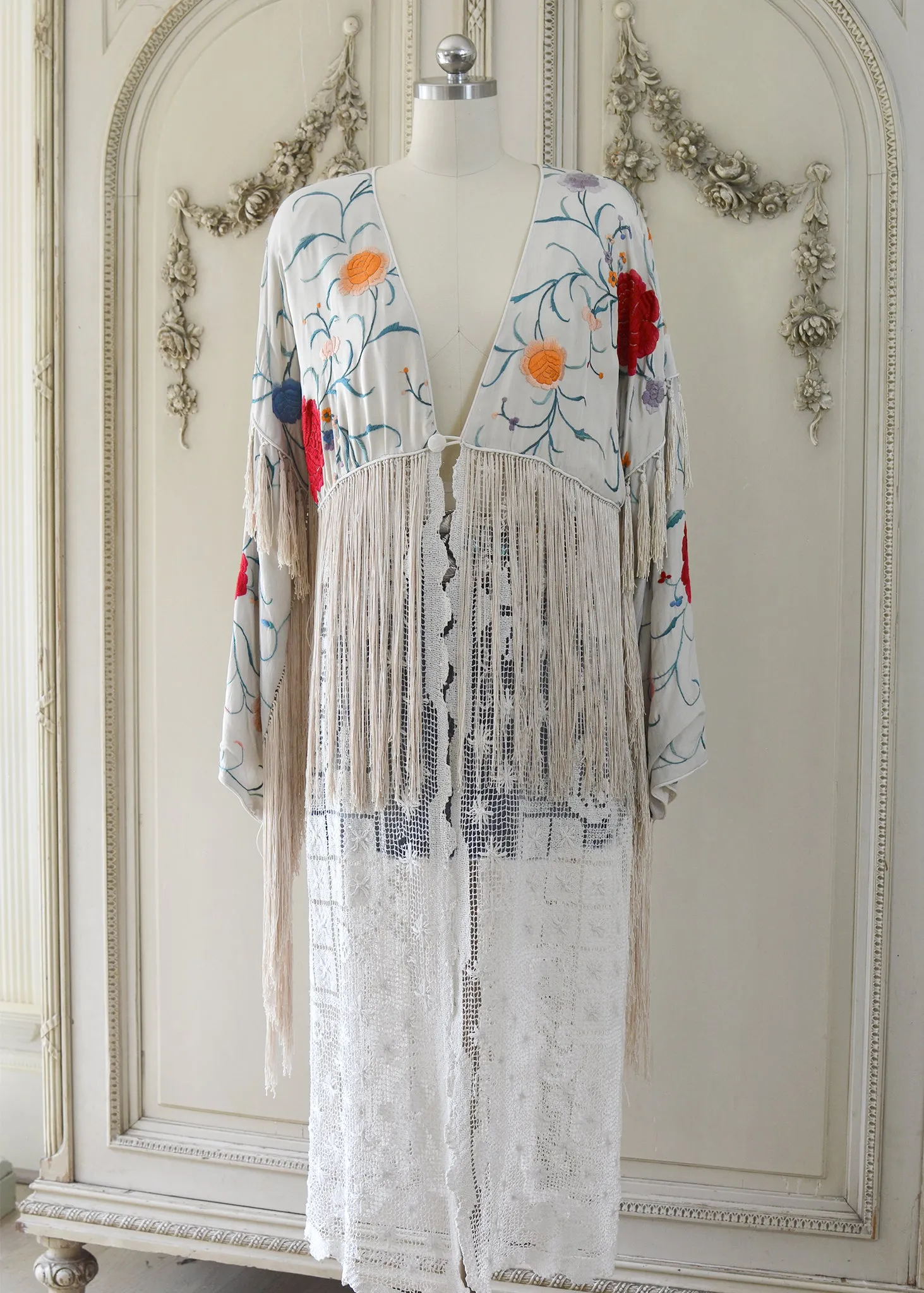 Etta Antique Hand Embroidered Creme & Jewel Tones Silk Duster with Irish Lace Skirt