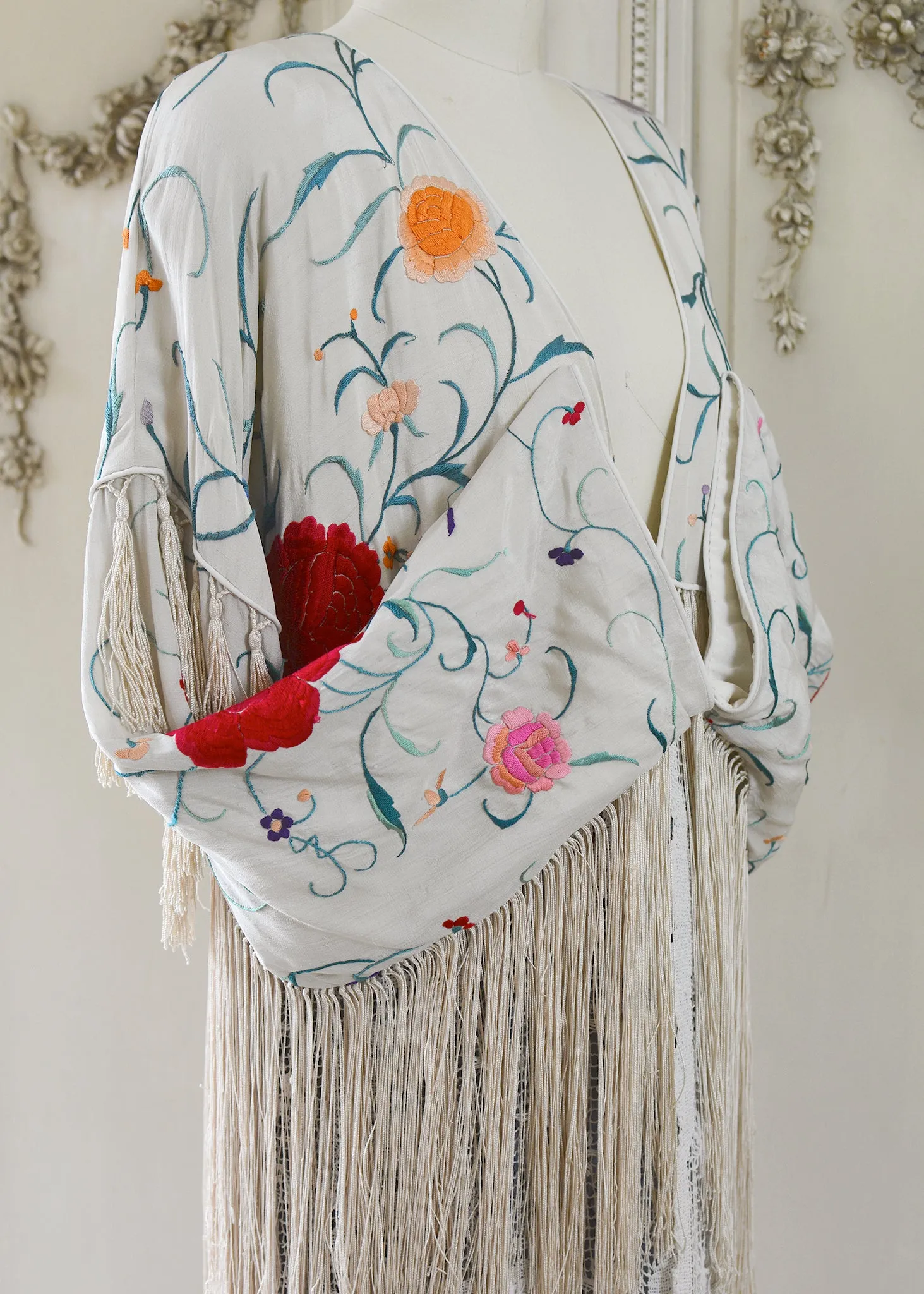 Etta Antique Hand Embroidered Creme & Jewel Tones Silk Duster with Irish Lace Skirt