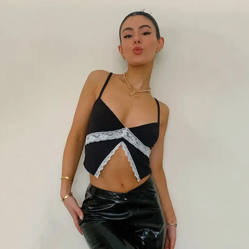 Evia Lace Trim Spaghetti Strap Crop Top
