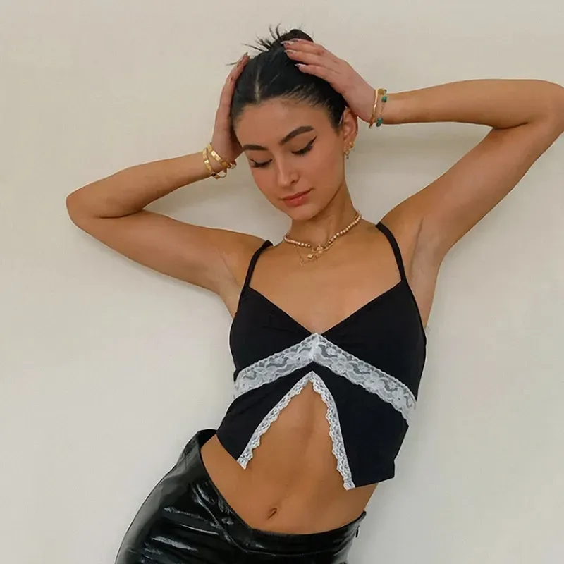 Evia Lace Trim Spaghetti Strap Crop Top