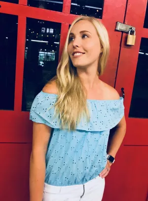 Eyelet Off the Shoulder Crop Top - Sky Blue