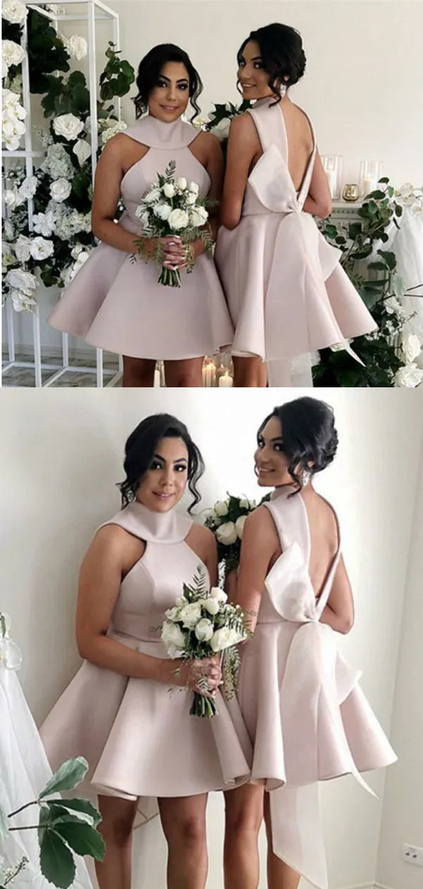 Fancy Jewel Sleeveless Short Pink Bridesmaid Dresses with Bow Knot, QB0642