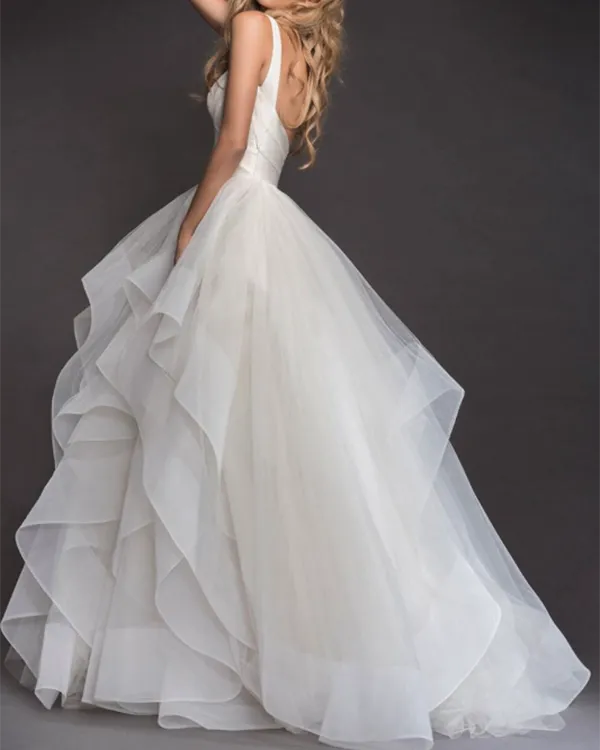 Fantastic Satin & Tulle V-Neckline Ball Gown Wedding Dresses With Puffy Cascading Ruffles