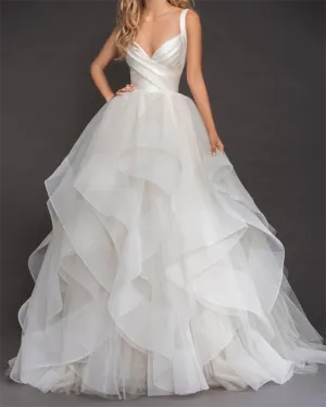 Fantastic Satin & Tulle V-Neckline Ball Gown Wedding Dresses With Puffy Cascading Ruffles