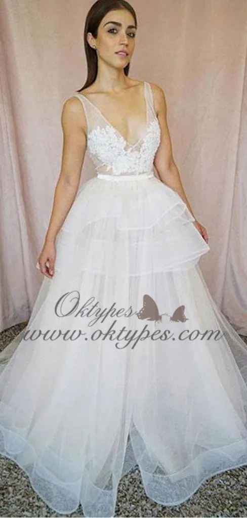 Fashion V-Neck Sexy Lace Ivory A-line design Long Prom Dresses, TYP1590