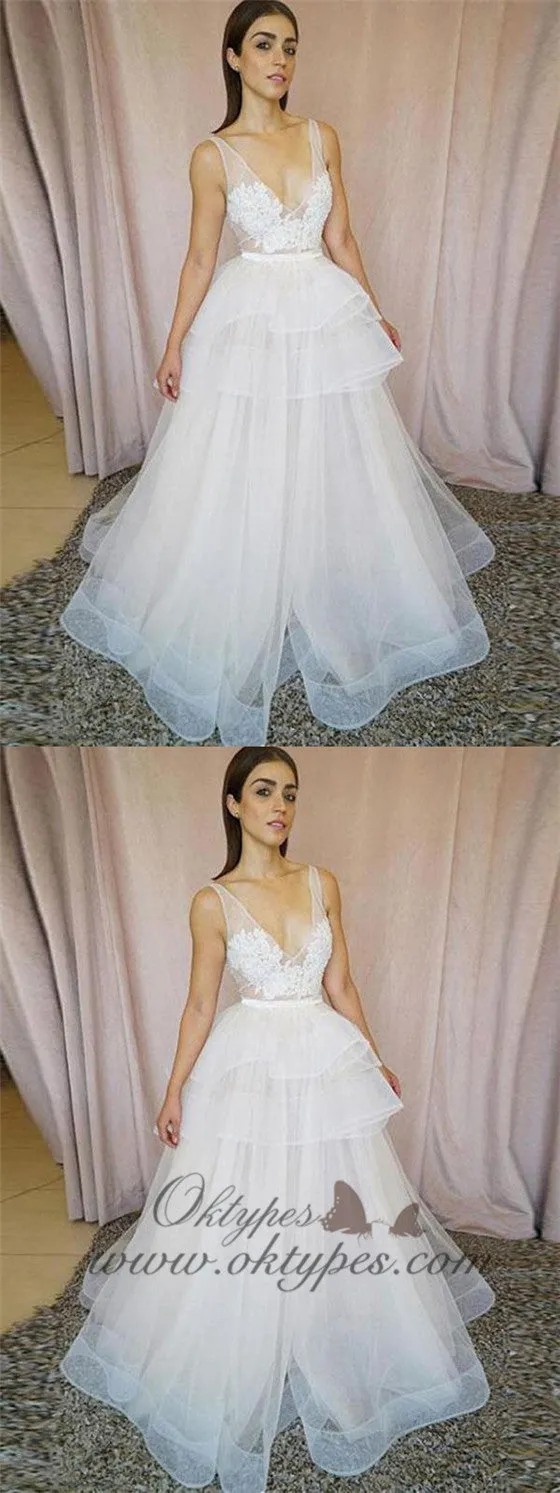 Fashion V-Neck Sexy Lace Ivory A-line design Long Prom Dresses, TYP1590