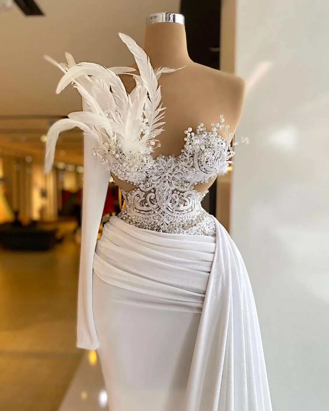 Feather Pearls Prom Dresses One Shoulder Lace Evening Dress