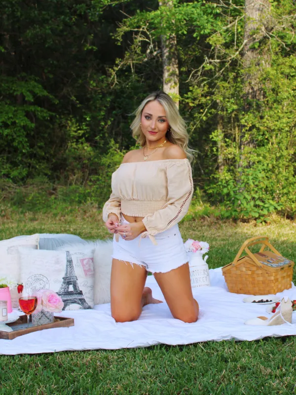 Feel The Summer Breeze Off the Shoulder Long Sleeve top, Bone