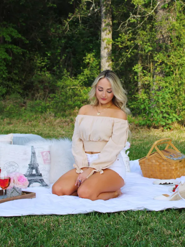 Feel The Summer Breeze Off the Shoulder Long Sleeve top, Bone
