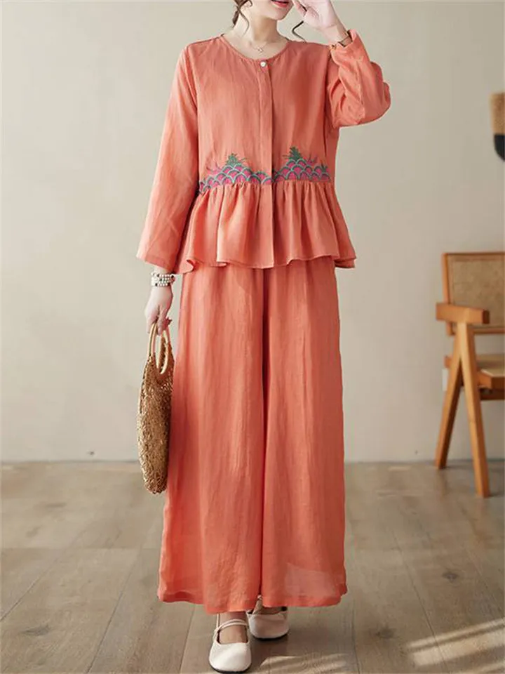 Female Button Up Embroidered Shirt Elastic Waist Pants Set