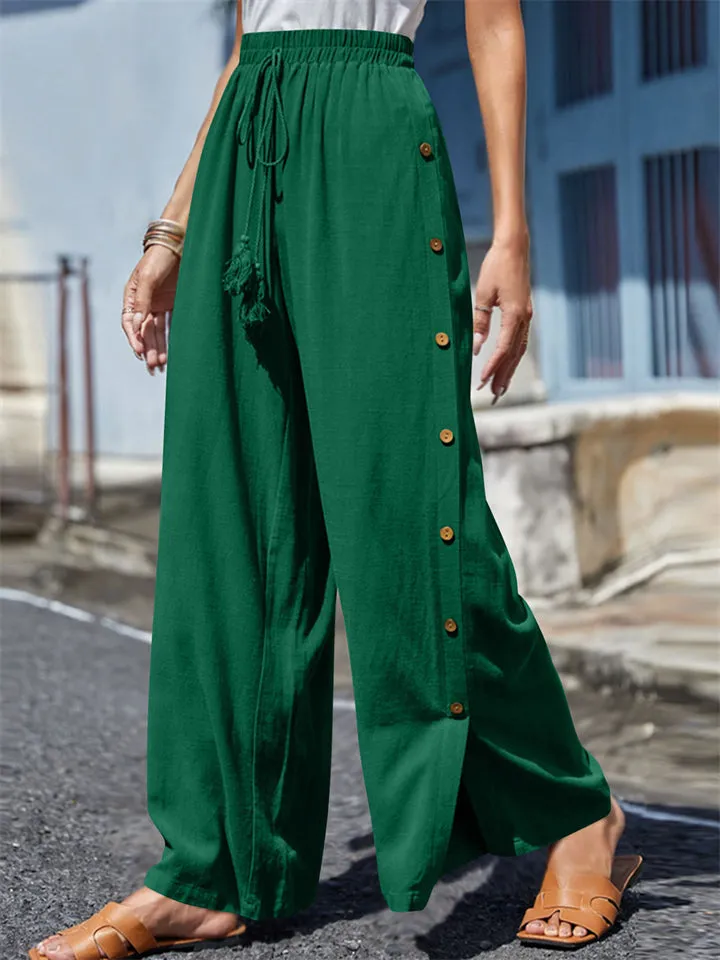 Female Plus Size Side Split Buttoned Drawstring Pants