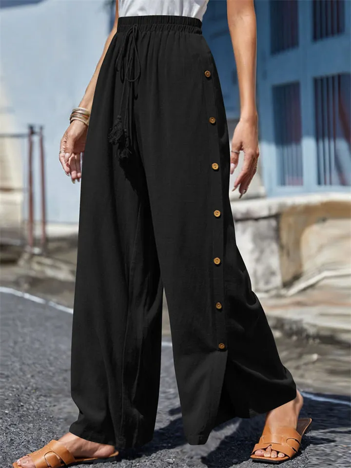 Female Plus Size Side Split Buttoned Drawstring Pants