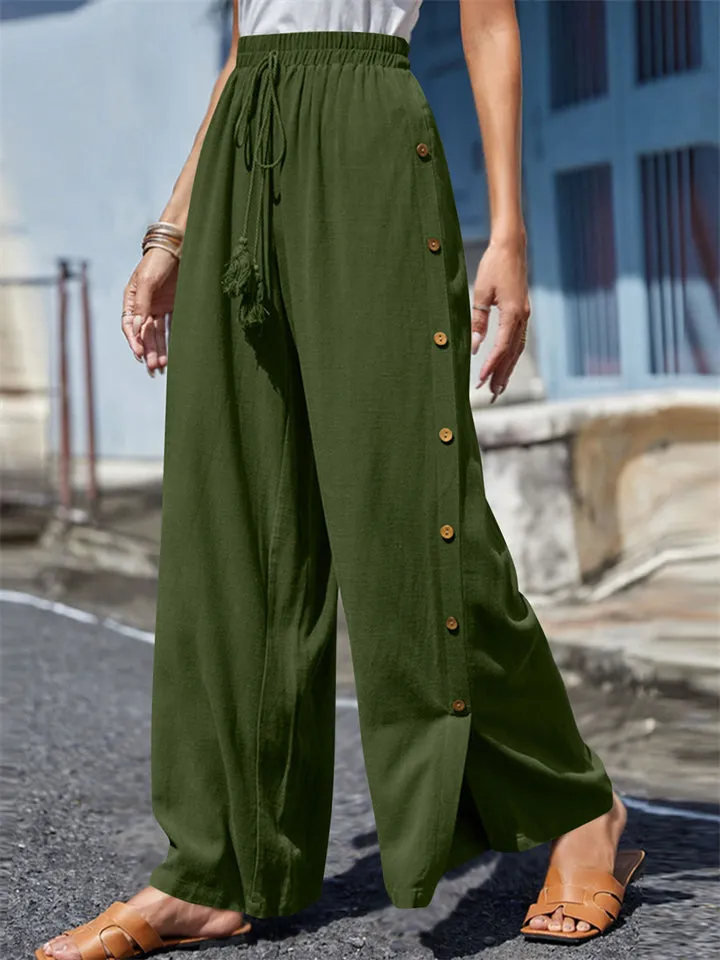 Female Plus Size Side Split Buttoned Drawstring Pants