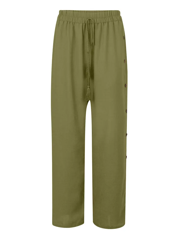 Female Plus Size Side Split Buttoned Drawstring Pants