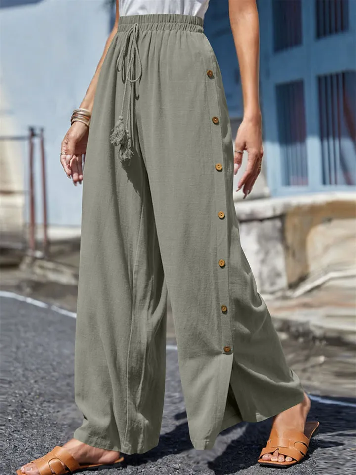 Female Plus Size Side Split Buttoned Drawstring Pants