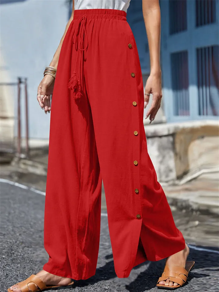 Female Plus Size Side Split Buttoned Drawstring Pants