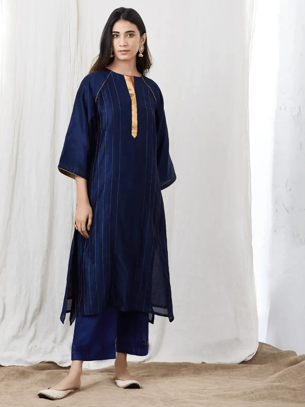 Fifth Avenue Women's TPS396 Blended Silk Stitch Detail Kurta and Pants Set - Navy Blue