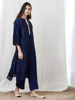 Fifth Avenue Women's TPS396 Blended Silk Stitch Detail Kurta and Pants Set - Navy Blue