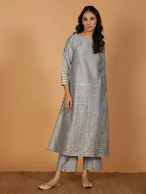Fifth Avenue Women's TPS427 Blended Silk Lace Detail Kurti and Pants Set - Grey