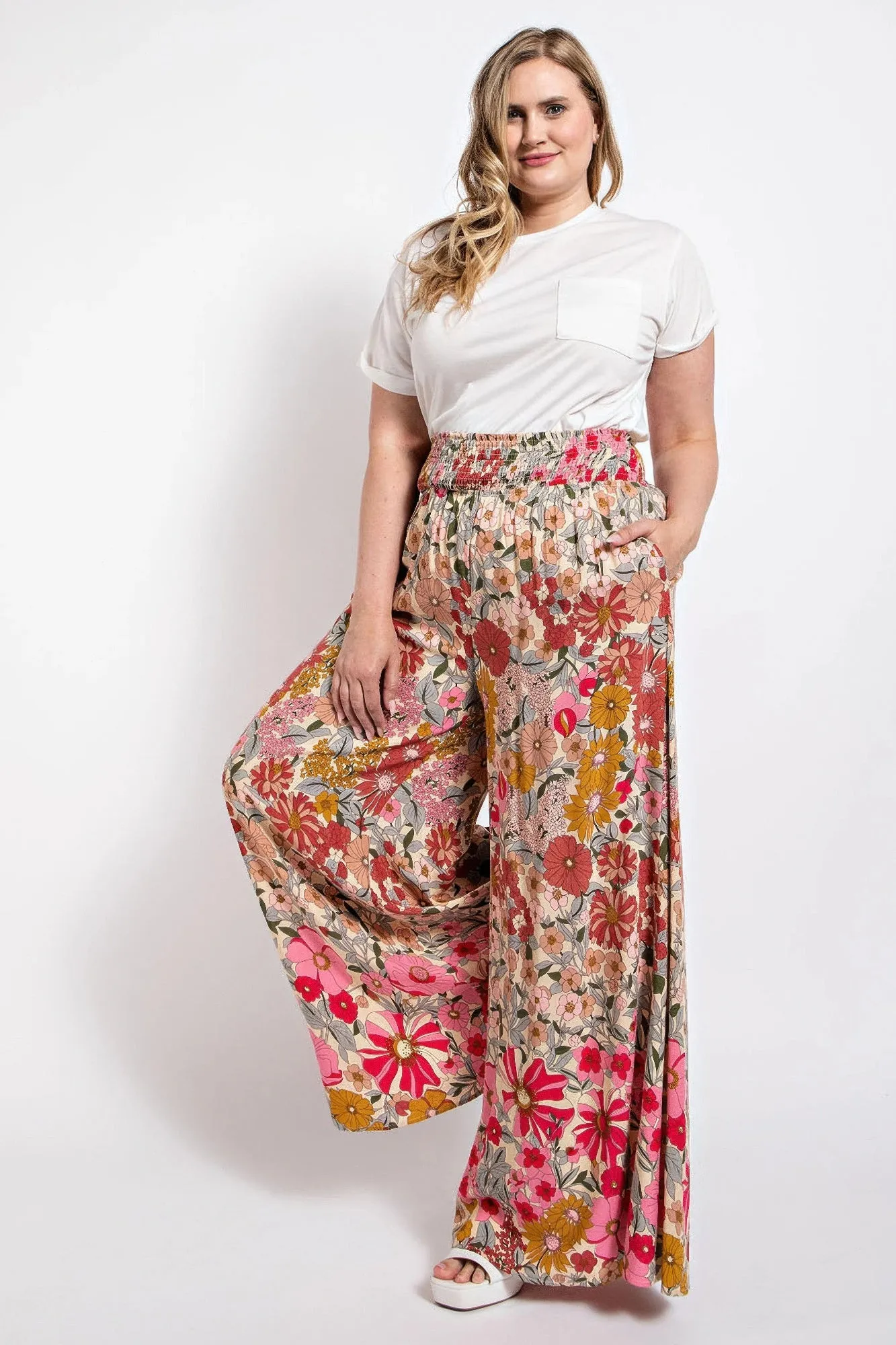 Flare Wide Leg And Waist Smocked Pants With Side Pocket