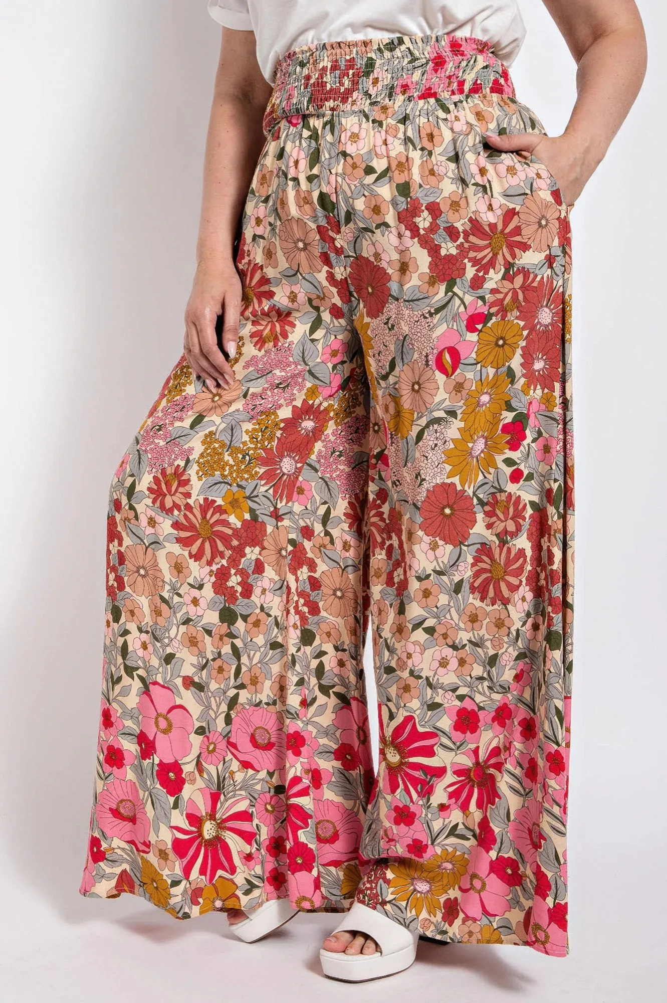 Flare Wide Leg And Waist Smocked Pants With Side Pocket