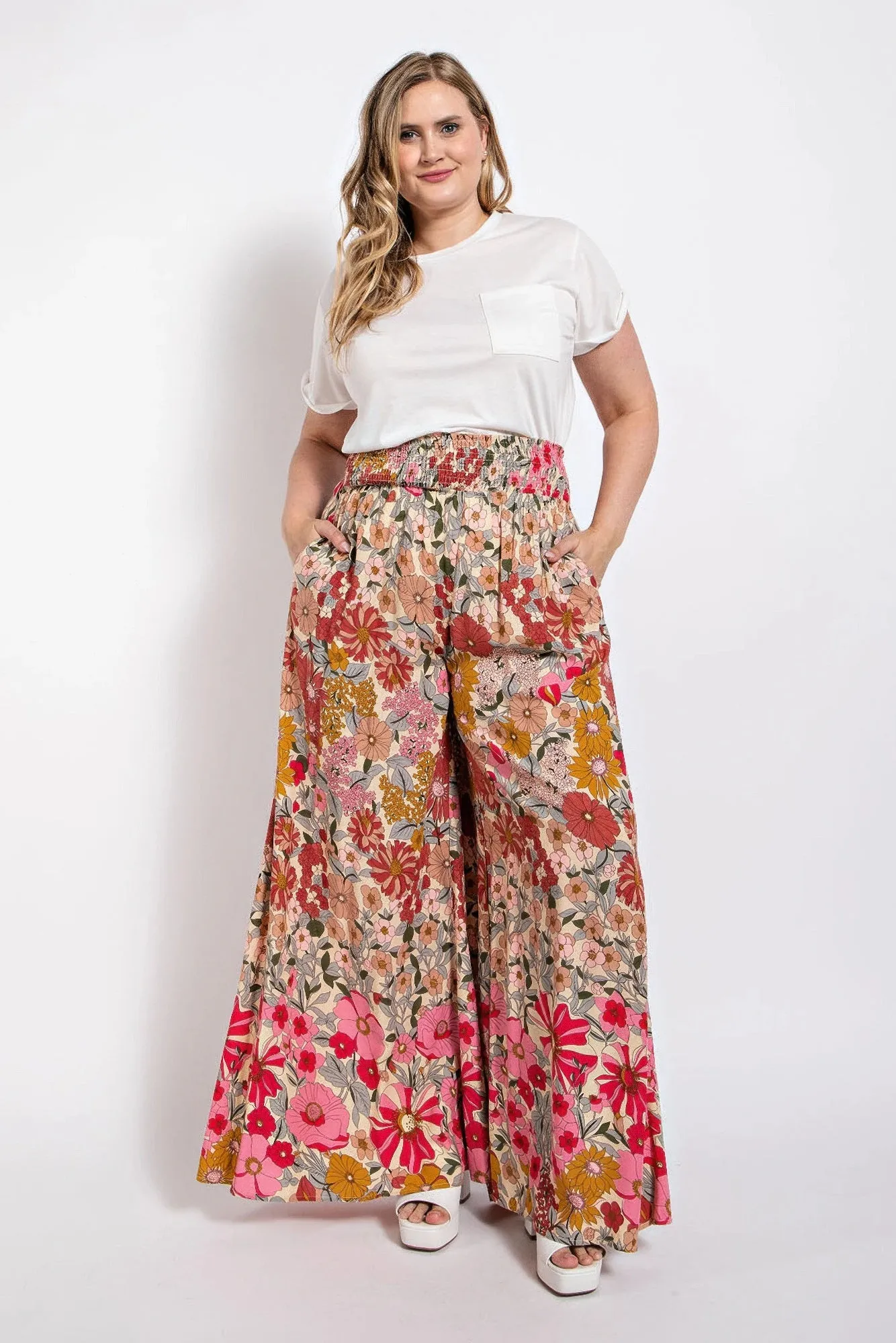 Flare Wide Leg And Waist Smocked Pants With Side Pocket