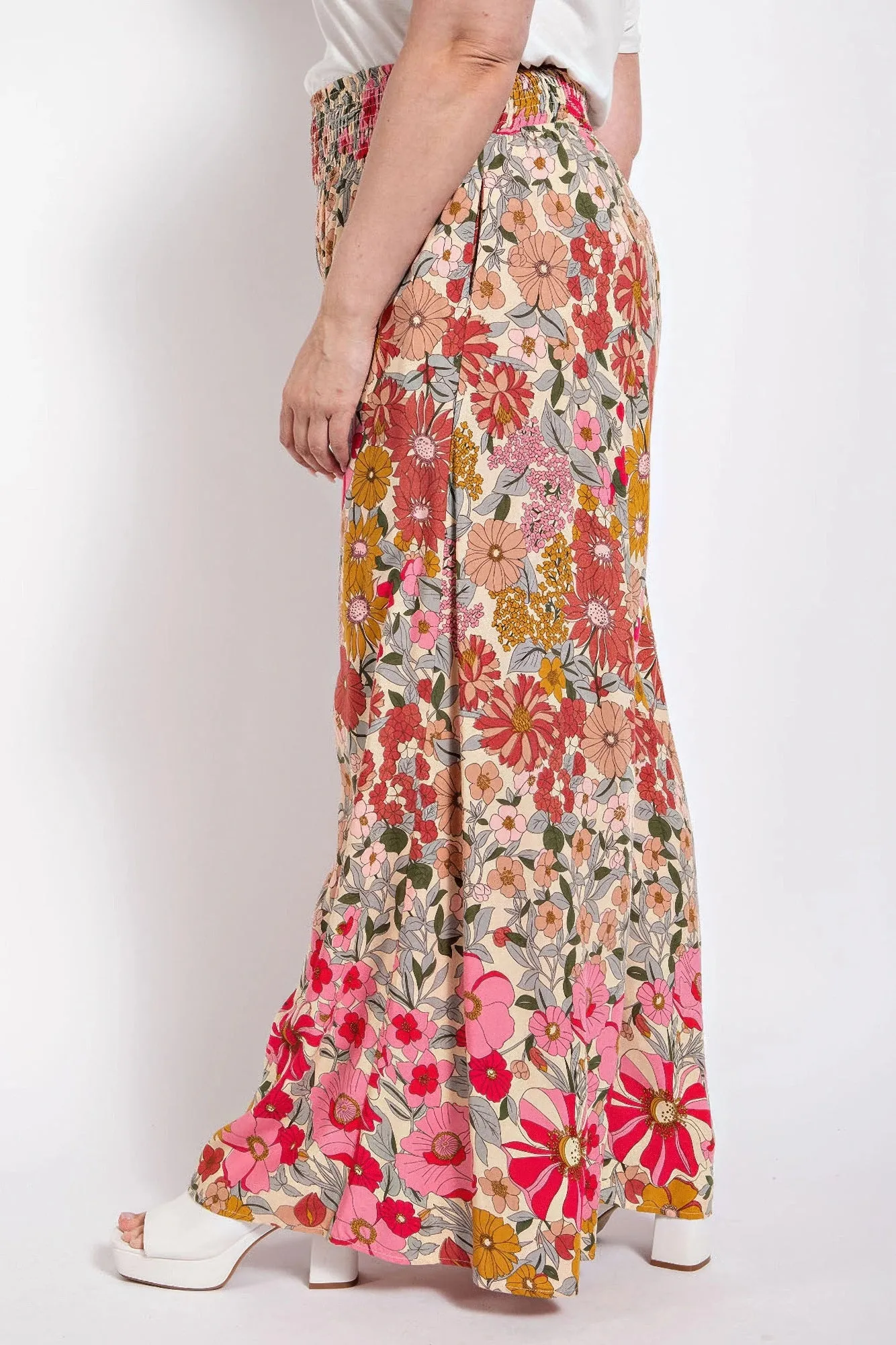 Flare Wide Leg And Waist Smocked Pants With Side Pocket